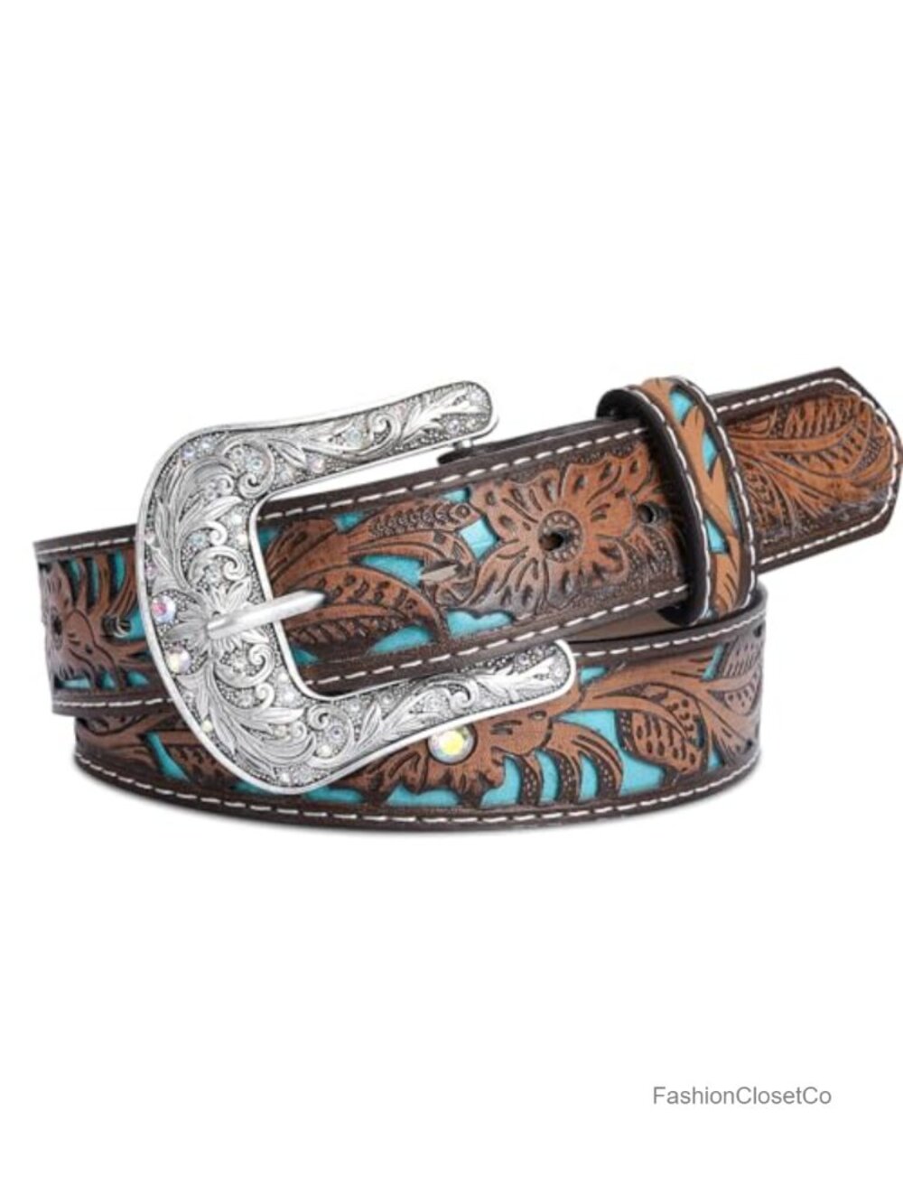 Western Cowgirl Belt PU Leather Carved Turquoise Buckle for Jeans Dress